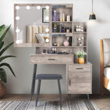 ZUN FCH Particleboard Triamine Veneer Iron Legs 2 Drawers 1 Door 2 Shelves Mirror Cabinet 3 Light Bulbs 76174909