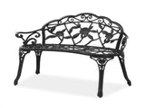 Outdoor Cast Aluminum Patio Bench, Porch Bench Chair with Curved Legs Rose Pattern, Black 01485098