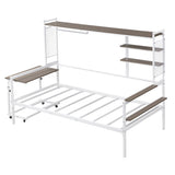 ZUN Twin size Metal Daybed with Movable Desk, Metal Grid, Shelves and Clothes Hanger, White N737P199195K