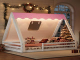 Full Size House Floor Bed with Tent and Light, Solid Wood Teepee Floor Bed with Full-length W1580P369467