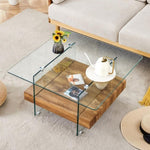 ZUN 31.4 Inch Modern Two-Tier Square Coffee Table -An Elegant Combination of Clear Glass and Light Wood W1151P232654