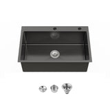 Kitchen Sink, 30x19 Single Bowl, Overmount Handmade Sink in Black, with US Standard Drain and 09418376