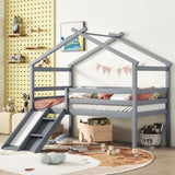 ZUN Twin Low Loft House Bed with Slide, Ladder, Safety Guardrails, House Roof Frame,Grey W504P145315