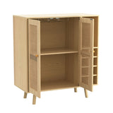 ZUN Bohemian Bar Cabinet, Natural Rattan Doors, Removable Wine Rack in Natural Wood B06481173