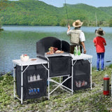 ZUN Aluminum Portable Camping Kitchen Fold-Up Cooking Table With Windscreen and 3 Enclosed Cupboards for 81814238