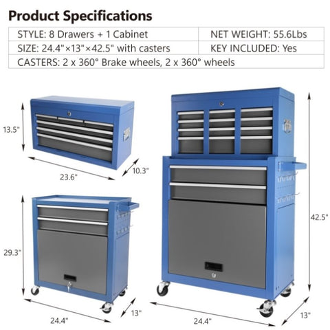 ZUN Rolling Tool Chest with Wheels 8 Drawers, Assembled Tool Cabinet Combo with Drawers, Detachable 12310463