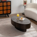 Oval Coffee Table Handcrafted Relief Sturdy Pedestal Wooden Olive-Shaped Tea Table for Living Room W3081P255079