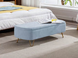Blue Storage Ottoman Bench for End of Bed Gold Legs, Modern Grey Faux Fur Entryway Bench Upholstered W1170104171
