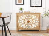 Rustic Wooden Accent Cabinet with Floral Carved Doors, 2 - Door Storage Cabinet for Living Room, W2295P365012