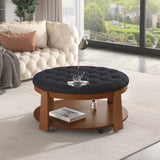 Modern Large Round Ottoman Coffee Table 2-Tier Oversized Button Tufted Ottoman with Wood Shelf N735P180224B