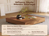 35.43" Square Walnut Finish Coffee Table with Hidden Drawer and Black Base, Modern Large Cocktail W5909P583195
