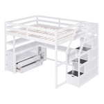 ZUN Full Size Loft Bed with Desk and Shelves, Two Built-in Drawers, Storage Staircase, White 48024197