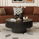 Round Coffee Table Handcrafted Relief Sturdy Pedestal Wooden Olive-Shaped Tea Table for Living Room W3081P255051