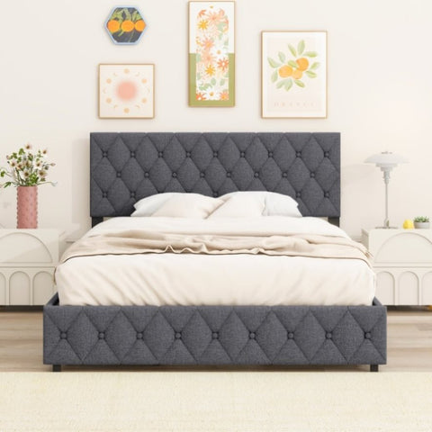 ZUN Full Size Upholstered Platform Bed Frame with 4 Storage Drawers, Adjustable Linen Headboard, Wooden W1670P147590