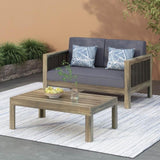 ZUN Outdoor Acacia Wood and Wicker Loveseat and Coffee Table Set with Cushions, + Mixed + Dark 70141.00DGRY