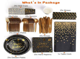 201PCS Black Gold Birthday Party Supplies For 25 Guests Happy Birthday Disposable Dinnerware Set 83891803