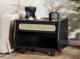 Black Nightstand with Rattan Detail, MDF Solid Wood, Modern Bedroom Storage, Open Shelf & Drawer, N770P374577B