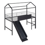 Metal House Bed With Slide, Twin Size Metal Loft Bed with Two-sided writable Wooden Board MF294384AAB