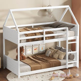 Twin Over Twin House Floor Bed with Headboards, Footboards and Guardrails, Ladder, Rubber Wood W504P227972