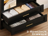 Black Wardrobe Closet with Mirror Door, 2 Doors & 2 Drawers Storage Cabinet with LED Sensor Light, 59491281