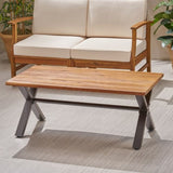Outdoor Acacia Wood Coffee Table, Teak Finish / Rustic Metal,Black and Brown, 18'' H X 27.25'' W X 62347.00
