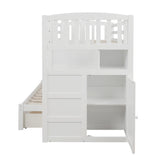 ZUN Twin over Full/Twin Bunk Bed, Convertible Bottom Bed, Storage Shelves and Drawers, White 05530338