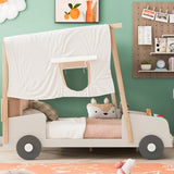 Wood Full Size Car Bed with Pillow, Ceiling Cloth and LED, Natural WF309289AAM