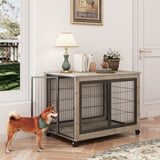 Furniture Style Dog Crate Side Table on Wheels with Double Doors and Lift Top.Grey,38.58''w x W116291737