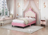Twin Size Lovely Crown Fantasy PU Leather Princess Bed with Tufted Headboard, PinkCream N733P198760H