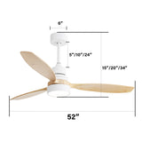 ZUN 52 Inch Indoor Modern Ceiling Fan White 3 Solid Wood Blades Remote Control Reversible DC Motor With 99989242