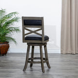 ZUN 30" Bar Height X-Back Swivel Stool, Weathered Gray Finish, Black Leather Seat B04660725