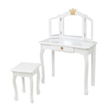 Children's Wooden Dressing Table Three-Sided Folding Mirror Dressing Table Chair Single Drawer White 07586825