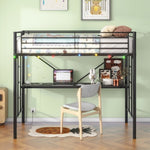 ZUN Twin Metal Loft Bed with Desk, Power Outlet and LED Lighted , Safety Guard & Ladder, No Box Spring W840P192240