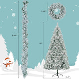 6FT Snow Flocked Christmas, Pre-Lit Set with & Garland & Wreath, Artificial Hinged Xmas 94870268