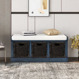 Rustic Storage Bench with 3 Removable Classic Rattan Basket , Entryway Bench with Removable Cushion 76490298