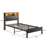 Twin Size Bed Frame with Storage Headboard, Metal Platform Bed with Charging Station, Bookcase W840P201065