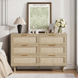 ZUN Rattan 6 Drawer Dresser for Bedroom, Wood Dresser & Chest of Drawers with Metal Handles 51" W2181P270056