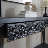 59.2in Black Carved Wooden Console Table with Lower Storage Shelf Tow Drawers Elegant Decorative W2729P270742