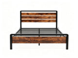 Twin Size Metal Bed Frame, 3-Panel Fire Burnt Brown Wood Grain Headboard with LED Light & Charging 06892471