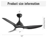 ZUN 52 Inch Ceiling Fan with Light and 6-speed Remote Control 3 ABS Fan Blades Black for Bredoom Patio W934P211218