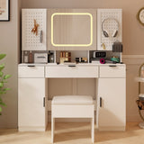 ZUN Large Vanity Table Set with LED Lighted Mirror and 2 DIY Pegboards, 5 Hooks, Vanity Desk with 20626149