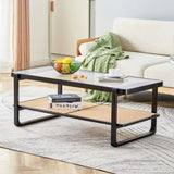 ZUN Modern minimalist rectangular double layer black solid wood imitation rattan coffee table with a W1151119892