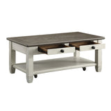 Rosy Brown and Antique White Finish 1pc Cocktail Table with Casters 2 Drawers Bottom Shelf Wooden B011P175703