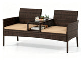 2-Seat PE Wicker Patio Loveseat Set, Outdoor Rattan Sofa with 2-Tier Tempered Glass Table, Thick 35376082