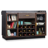 ZUN Double Glass Door with Single Drawer and 12-Bottle Wine Rack Sideboard in Black Frame + Gray-Brown 56154679