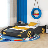 Full Size Race Car-Shaped Platform Bed with Wheels and Storage, BlackYellow WF305760AAB