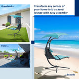 ZUN 53.15 in. Outdoor Teal Hanging Curved Lounge Chair Steel Hammocks Chaise Swing with Built-In Pillow 35341887