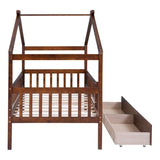 Twin Size Wooden House Bed with Two Drawers, Walnut WF302181AAL