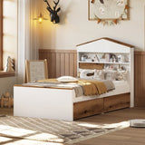 Twin Size House-Shaped Wooden Bed with Storage Shelf on the Headboard, Built-in Two Storage Drawers, N733P187490D