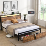 Queen Size Bed Frame with Storage Headboard and 2 Drawers, LED Lights Bed with Charging Station, W1916126253